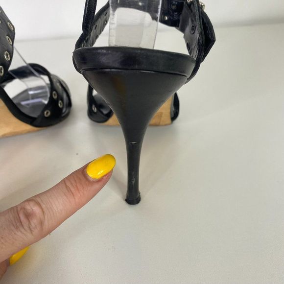 Manolo Blahnik Black Strappy Leather Heels with Silver Grommet Details - Picture 7 of 7